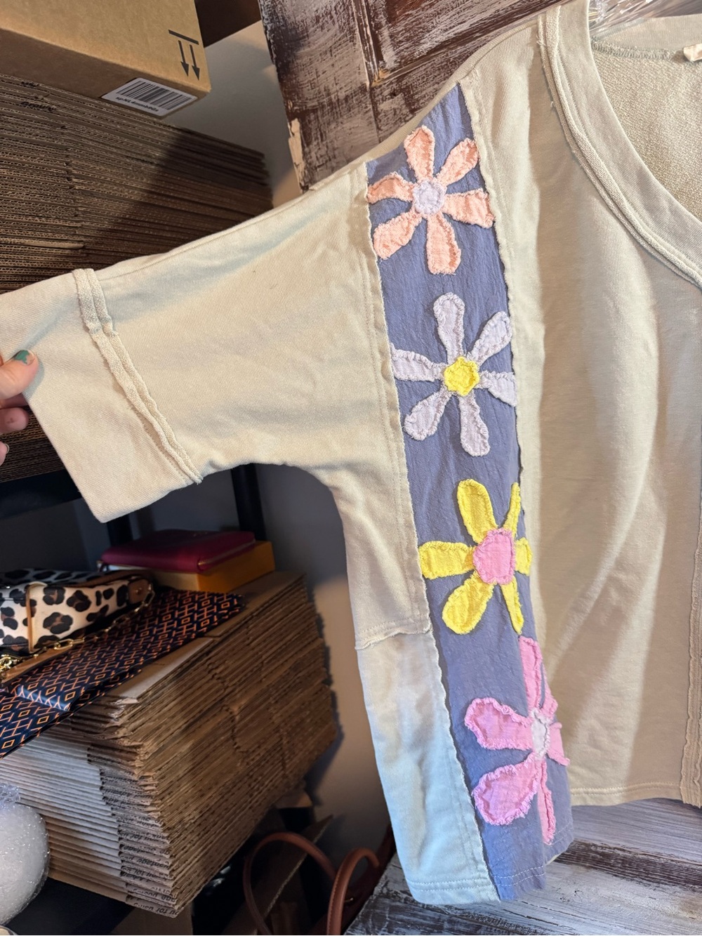 Easel Oversized Cream V-Neck Sweatshirt with Multicolor Floral Sleeve Panels - Picture 3 of 8
